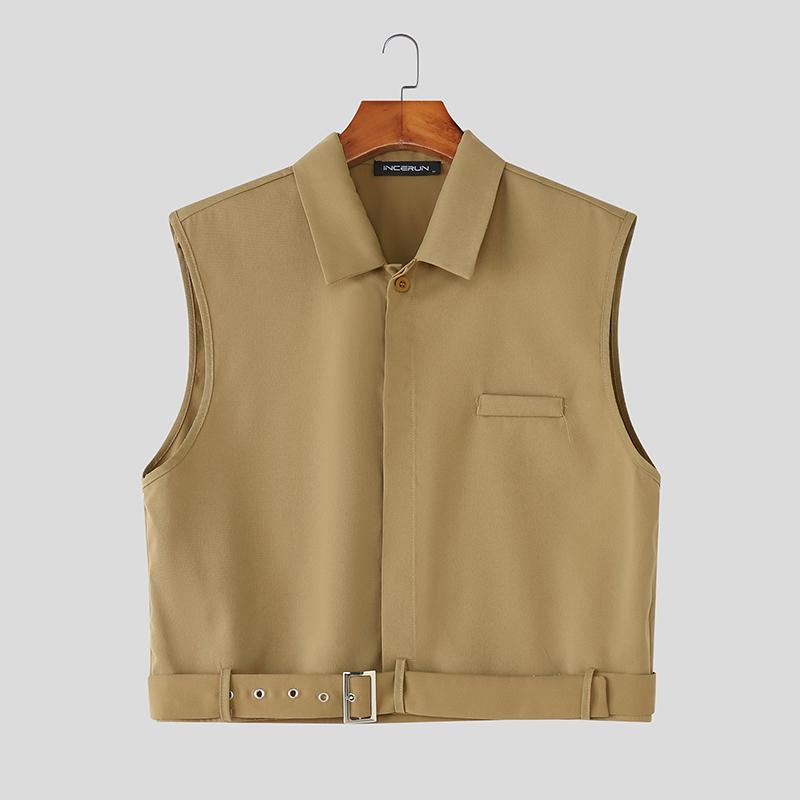 

INCERUN Мужские майки без рукавов на пуговицах с поясом, укороченные карго 3XL хаки