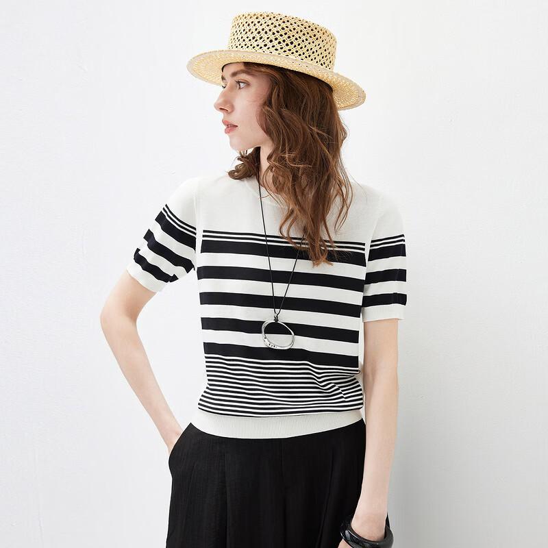 Kemengboka Damen gestreiftes Kurzarm-T-Shirt aus Maulbeerseidenmischung
