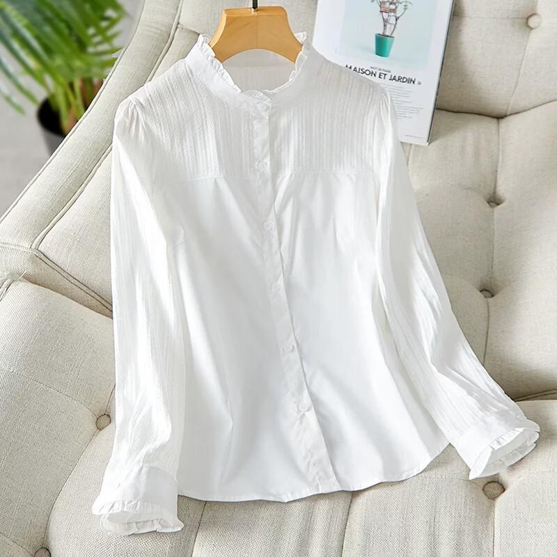 AOTUN Women's Ruffle Collar Long Sleeve Pure Cotton Slim Fit Shirt KFG2237