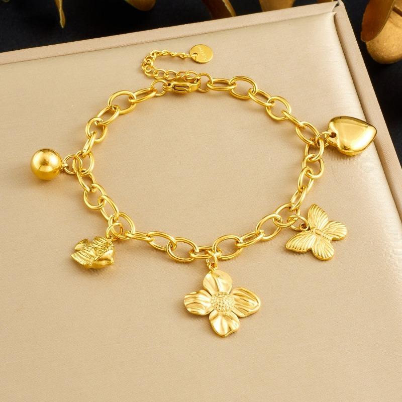 Gold Multi Charm Paperclip Chain Bracelet with Heart Butterfly and Flower