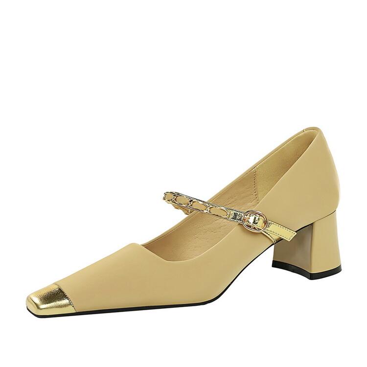 Fashion Retro Style Metal Mid Heel Splicingd Color Matching Single Shoe Temperament Mary Jane Pearl Chain Banquet Commuter Women Shoes