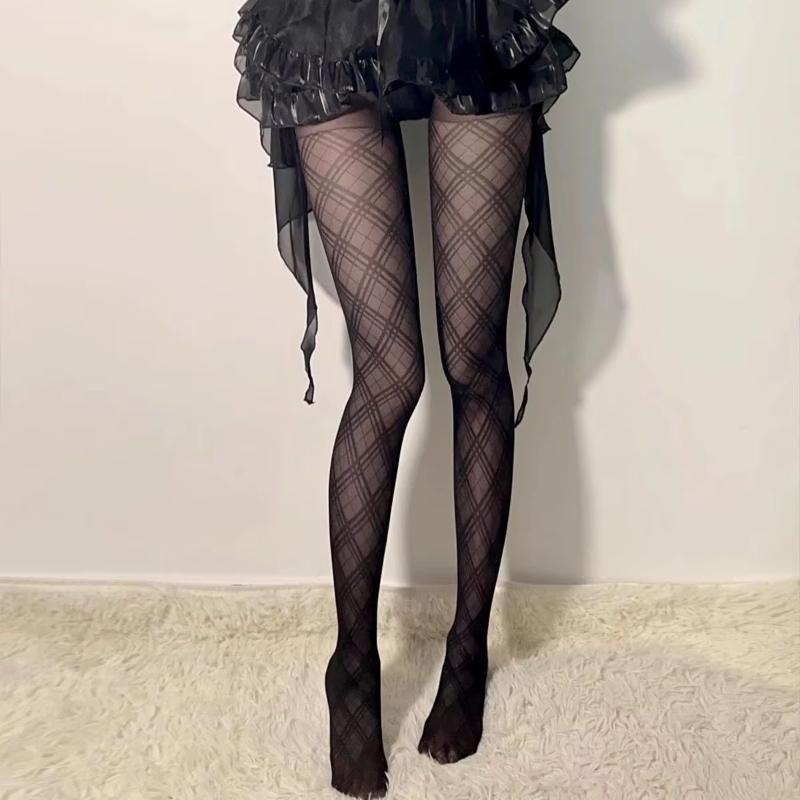 1/2 Pair Women Sexy thin Black Checkered Pantyhose slim Fit Jk Spicy Girl Style Lolita Y2k Japan Style Black Plaid Tights