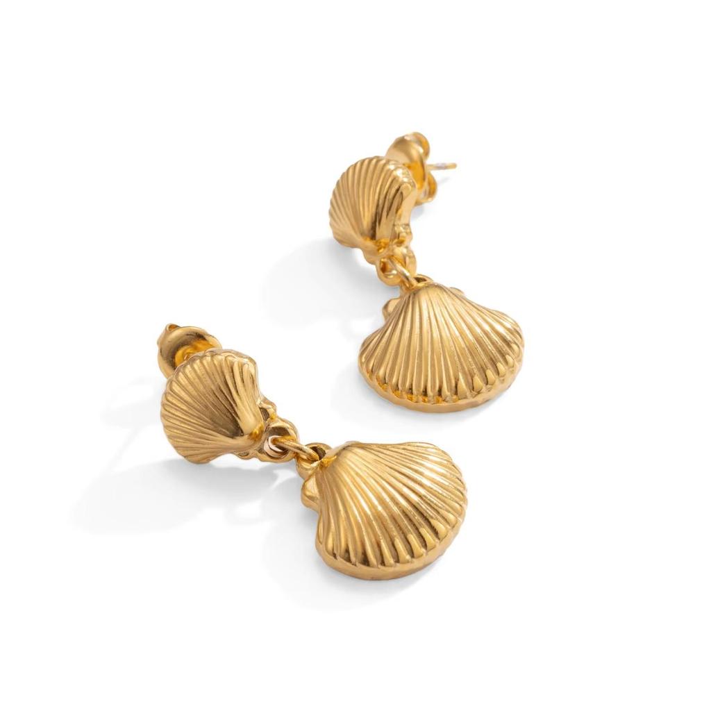 Fashion Jewelry 18K Gold Plated Classic Double Shell Dangle Drop Earrings Women Waterproof Stainless Steel Sea Shell Earrings