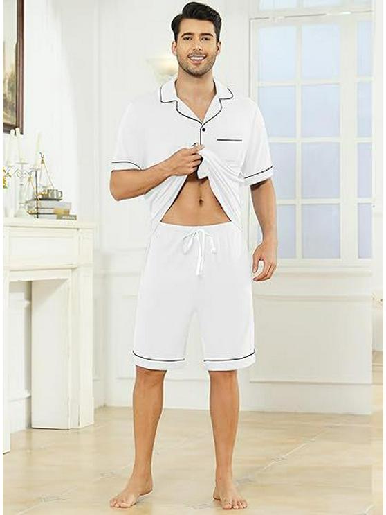 

Мужской комплект пижамы-кардигана большого размера из модала - Топ с лацканами с коротким рукавом и шорты для лета Medium белый