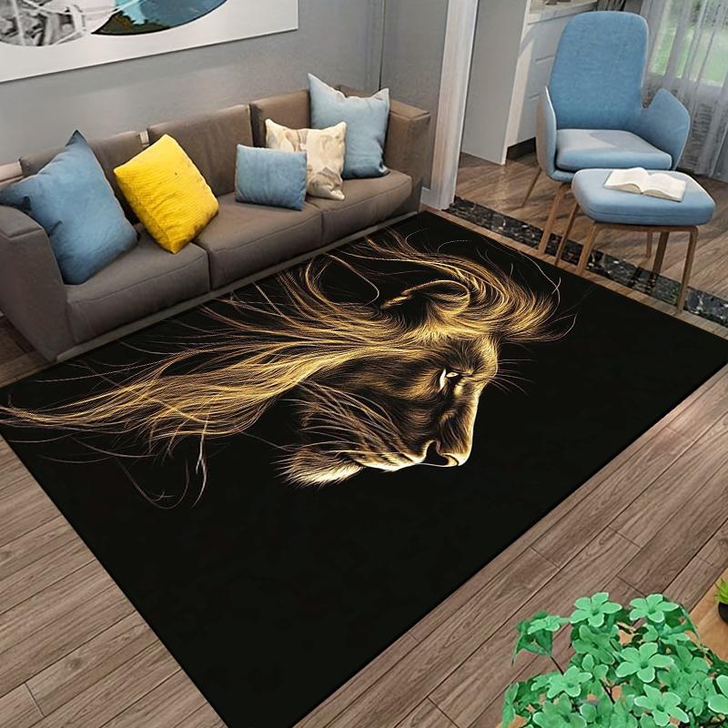 Lion Profile Glow Design Carpet, Black Background Modern Rug. Suitable for use as an anti-slip for living room bedroom sofas