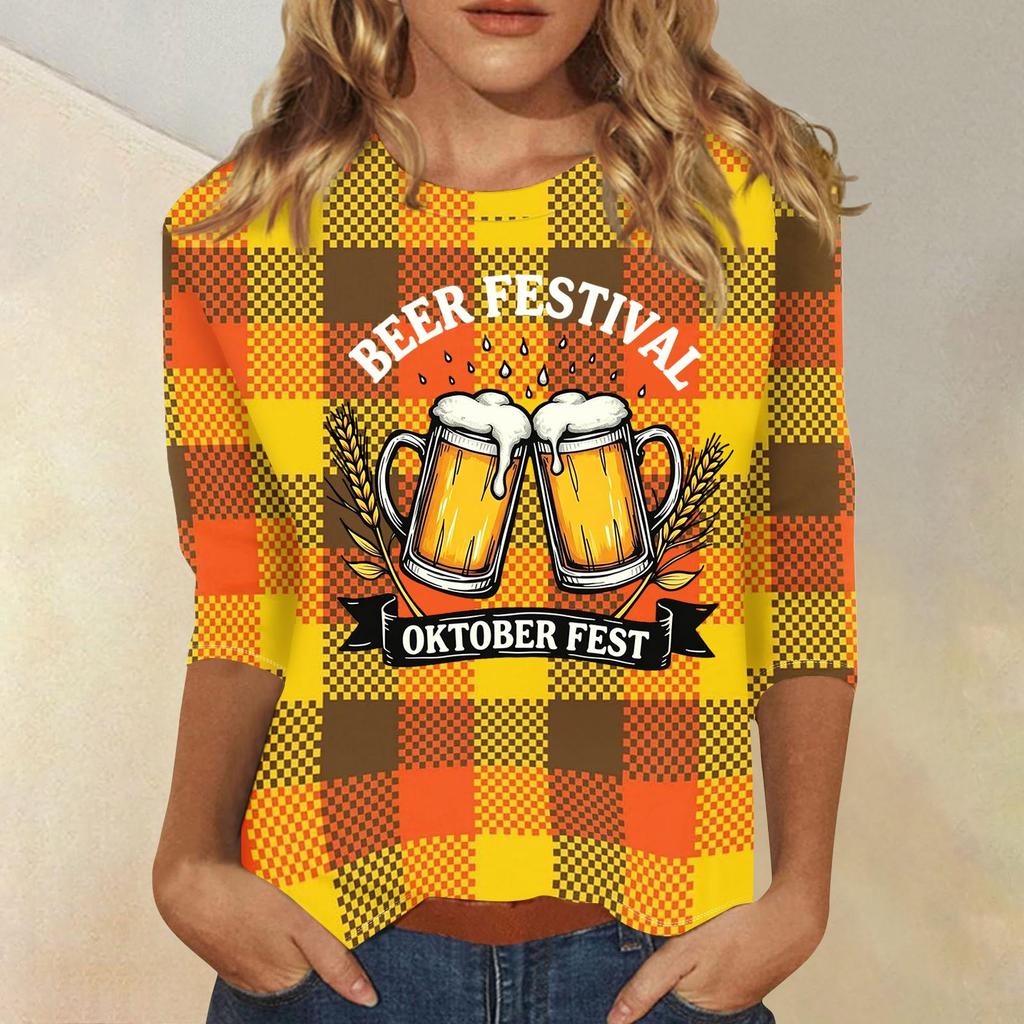 Women's Casual Plaid Three Quarter Sleeve Top Beer Festival Oktober Fest Graphic Print Round Neck Blouse