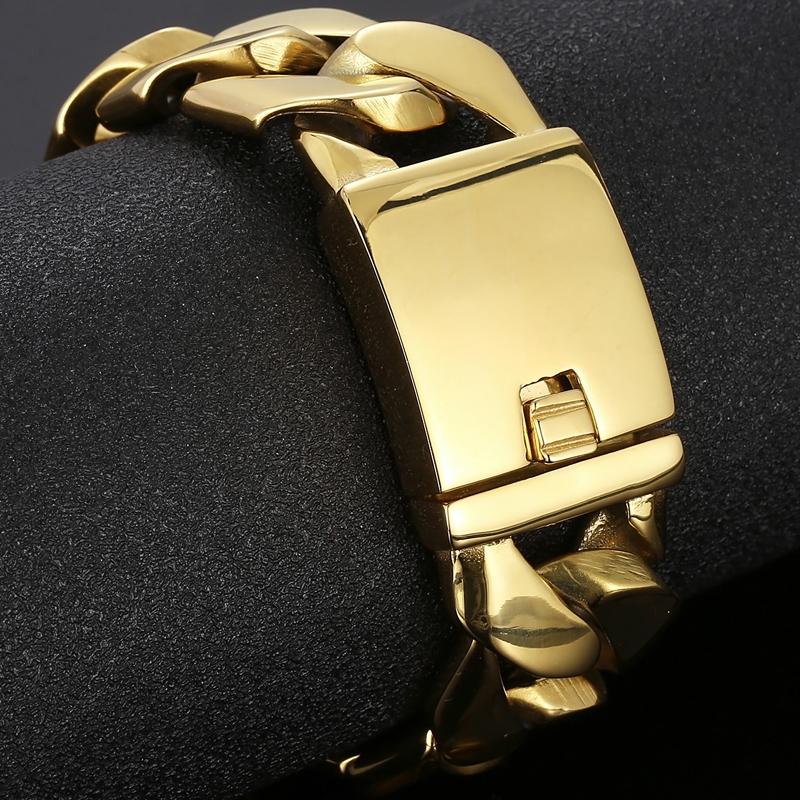 Lyxigt guld färgat armband i rostfritt stål för män 24 mm brett pansarlänk herrarmband klassiska smycken för handleden armband