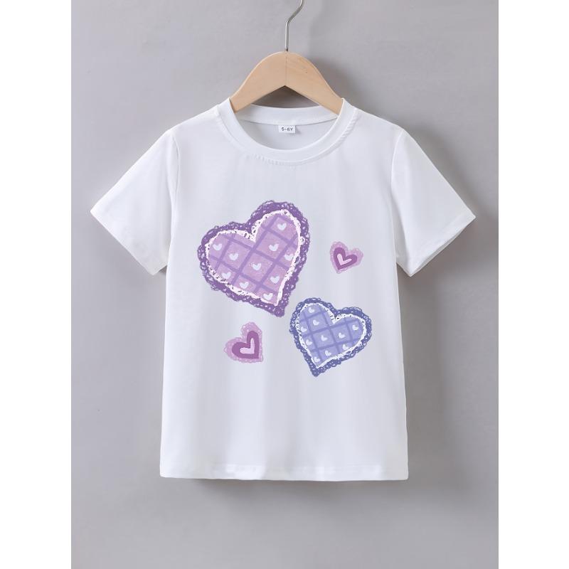 European sizes Girls  Summer Short-Sleeved  Love Heart Grid  Print T-Shirt 110 белый