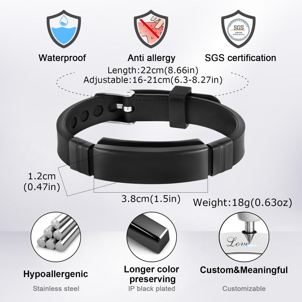 Maßgeschneidertes Silikonarmband für Jungen Teenager, 16-21 cm Edelstahl Gravurarmband, Personalisierte Schmuckgeschenke