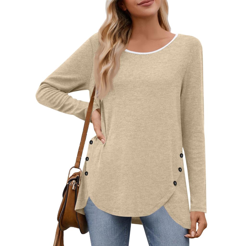 Women's Fashion Casual Solid Color Round Neck Long Sleeve Button Tops On Both Sides