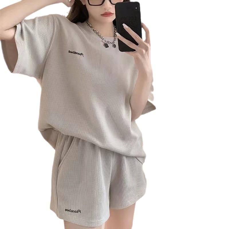 Women's Summer Waffle Two-Piece Set: Casual Hong Kong Style Shorts & Top
