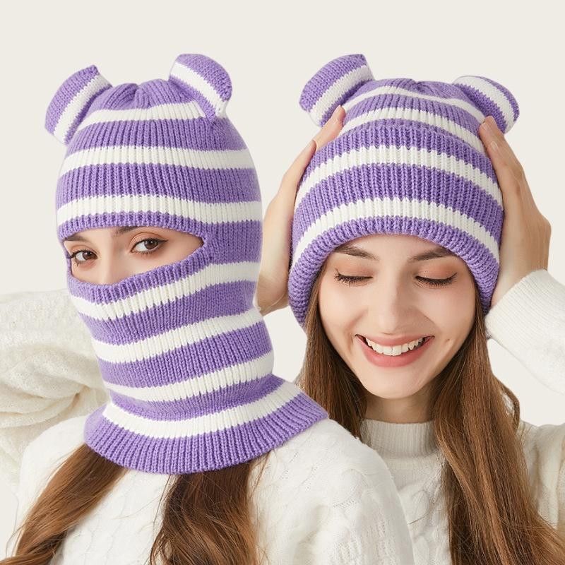 

Bear-Eared Striped Knitted Hat with Face Covering and Integrated Neck Warmer for Men and Women One Size