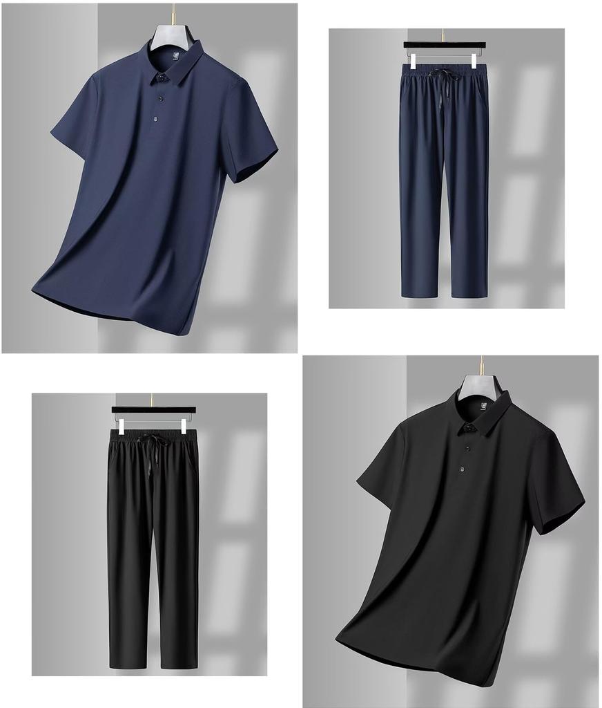 Yucahype Summer Lightweight Polo Short Collared Breathable Stretch Cool To the Casual Office Sizes and 50s Men's Set, Shirt, Sleeves, Pants, Fabric,
