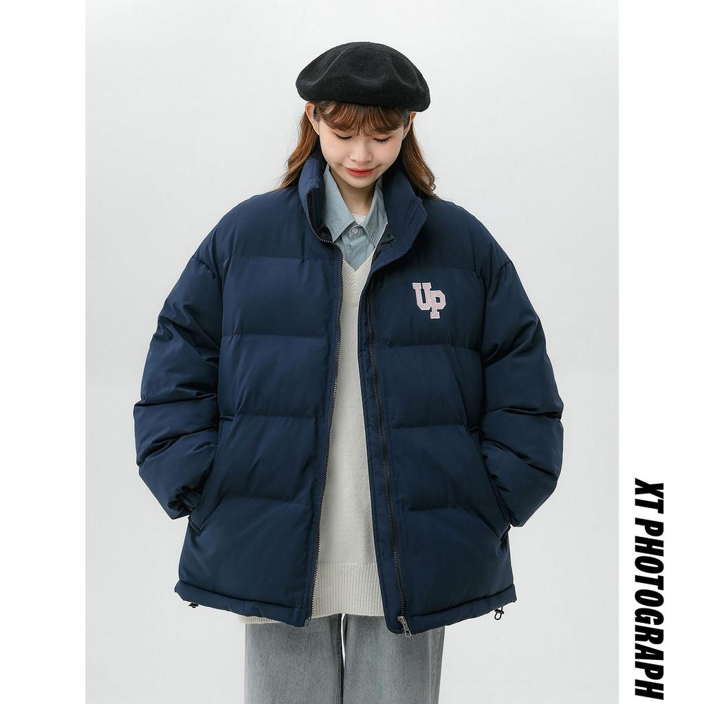 Winter fashion stand-up collar contrast cotton jacket women's short 2025 new letter loose bread jacket padded jacket thickened jacket