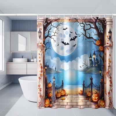 1 rideau de douche Halloween avec motif de fenêtre simulée, arbre à citrouilles et chauve-souris, avec crochets en plastique, décoré dans un style automnal et hivernal