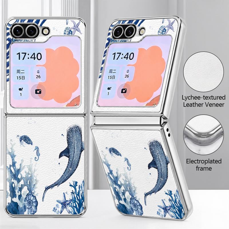 Summer Ocean Themed Phone Case For Samsung Galaxy Z FlIP 7 FE 6 5 Z Flip7 Flip6 Flip5 Luxury Plating PC+PU Leather Hybrid Folding Phone Cover