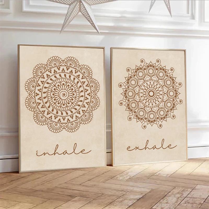 Abstract Mandala Wall Art Yoga Beige Bohemia Prints Inhale Exhale Canvas Painting Posters Line Flower Pictures Living Room