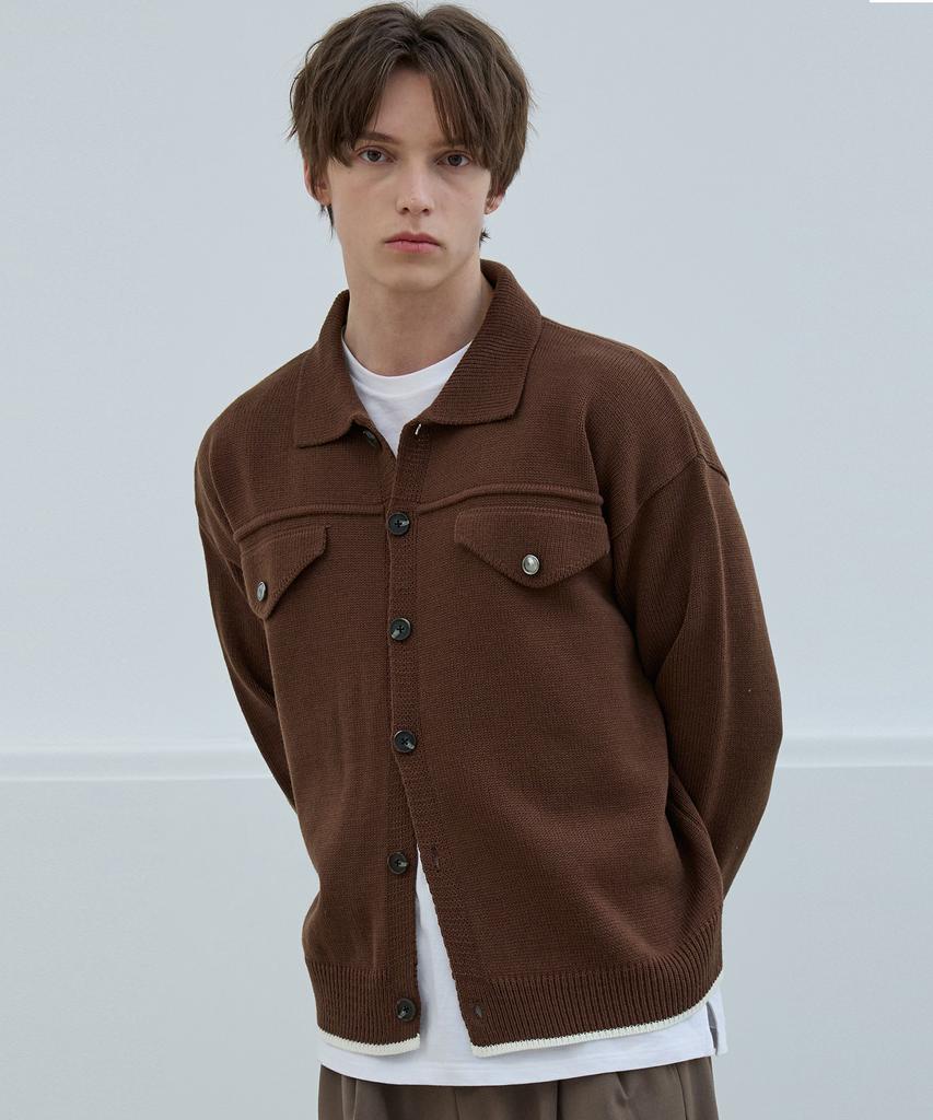 Nodu Collar Pocket Knit Jacket Cardigan [Brown]