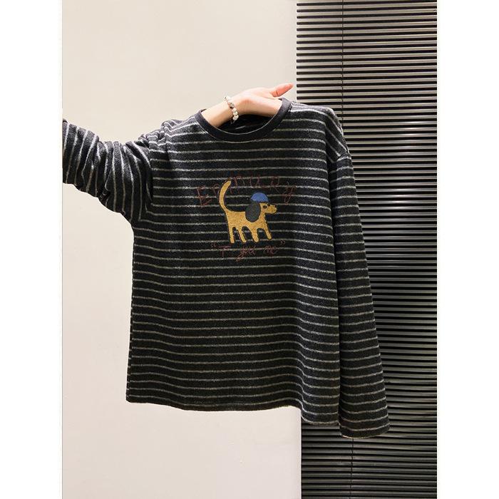 

Polyester human cotton 3 elastane contrasting stripes polished autumn and winter thickened crew neck long-sleeved loose shirt XL темно-сірий