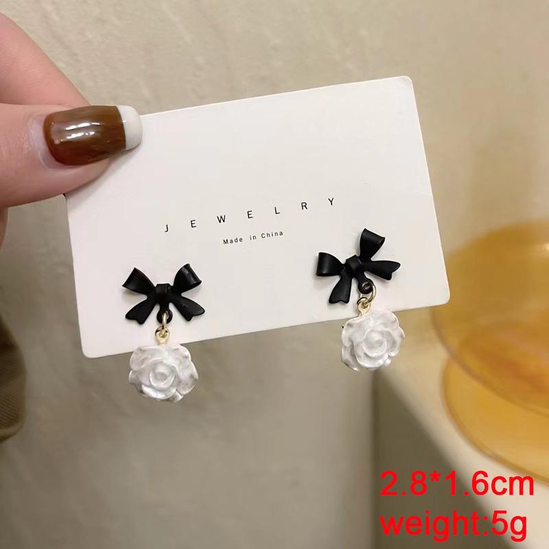Black Dangle Earrings Crystal Square Pendants Women's Hanging Earrings Korean Bowknot Pearl Flower Earrings