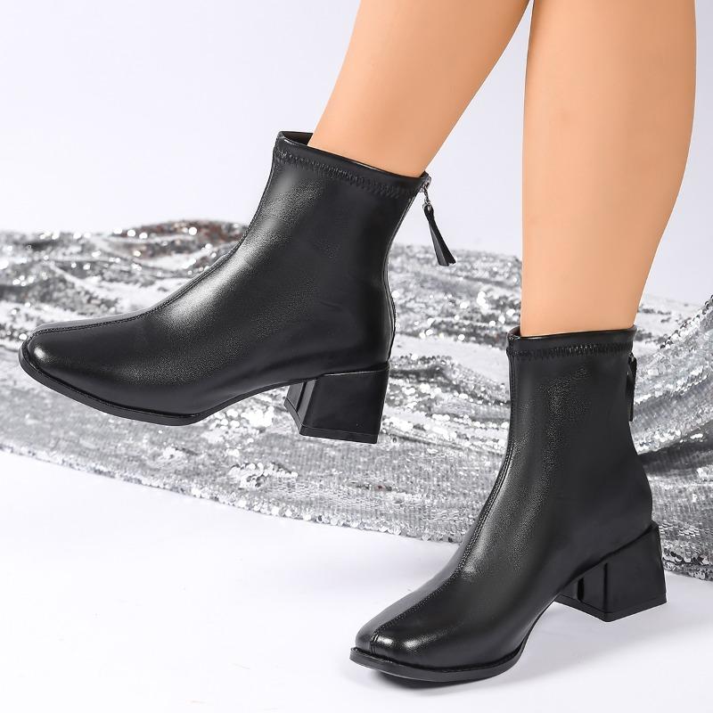Block Heel Skinny Boots Autumn New Square Toe Spliced Rear Zipper Anti-Slip Wear-Resistant Short-Thigh Boots