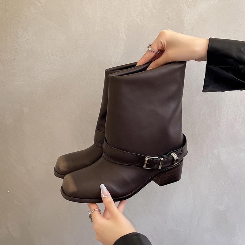 

Квадратный носок женские ковбойские сапоги модные туфли с пряжкой на поясе осень-зима толстый каблук дамские короткие рыцарские сапоги 35