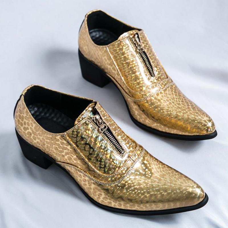 Gold Mirror Patent Leather Shoes For Men British Style High-heeled Shoes Zip Slip On Business Formal Wedding  Dress  Footwear