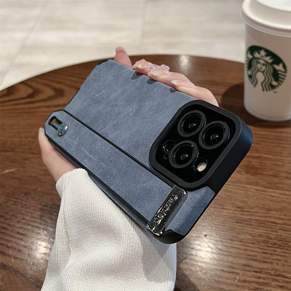 The Suede Leather Wristband Is Suitable for Apple 13promax Phone Case Stand, Iphone14 Full Bag 12 Anti-drop Leather Case