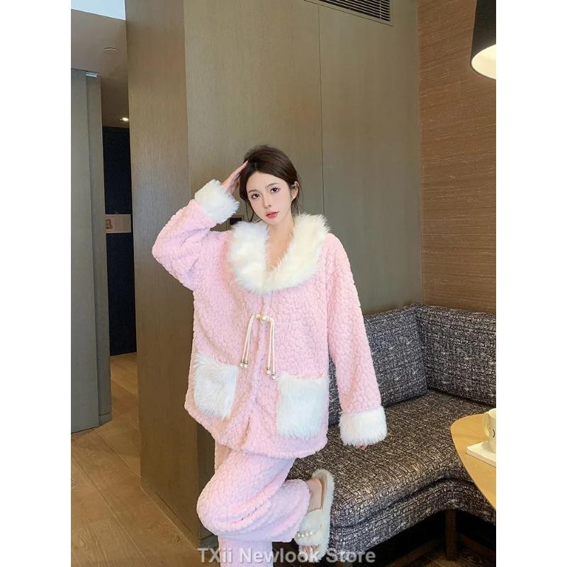 Fleece Lined Thickened Coral Velvet Pajamas for Women Autumn and Winter New High-end Home Wear