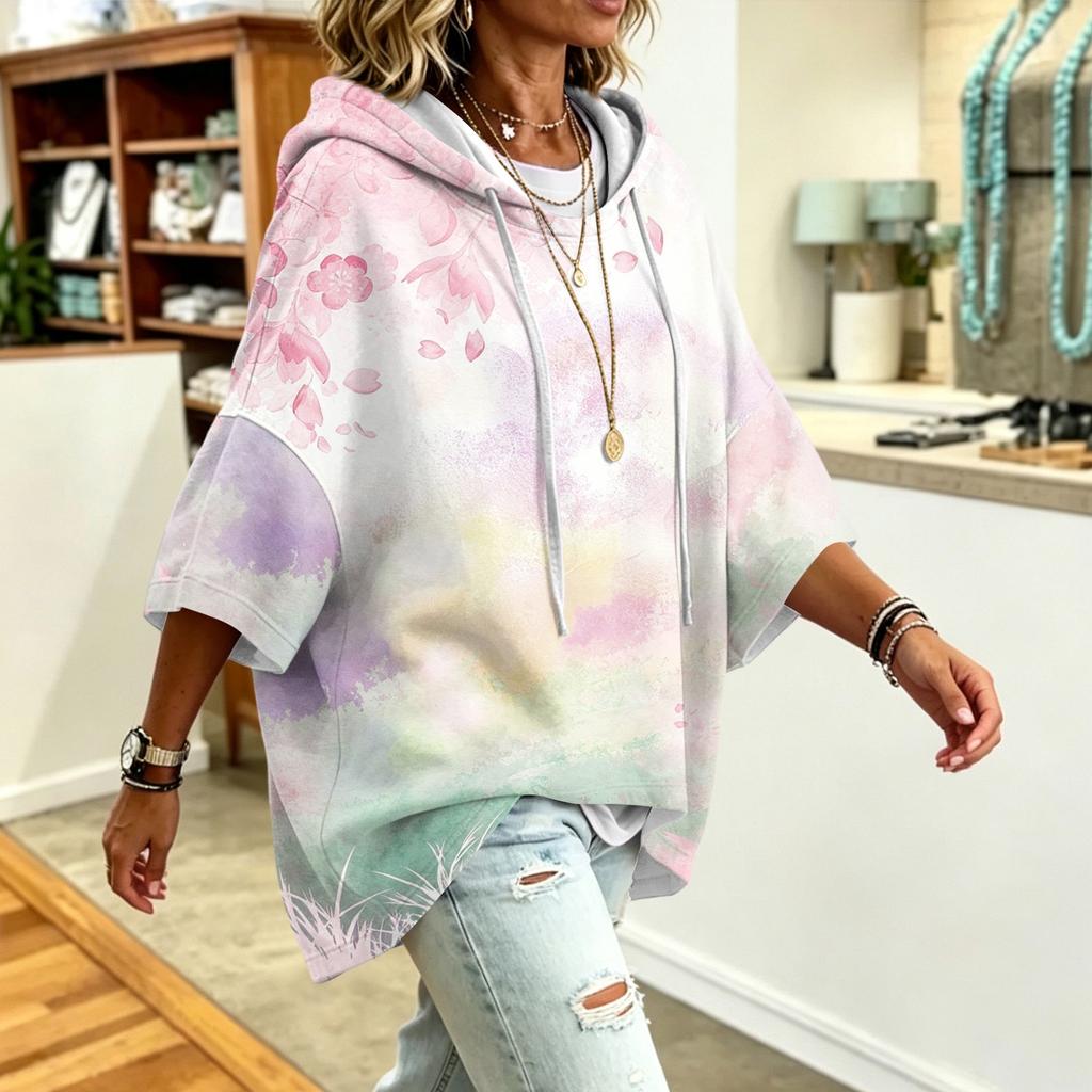 Women's Loose Fit Printed Hoodie Casual Sweatshirt Top