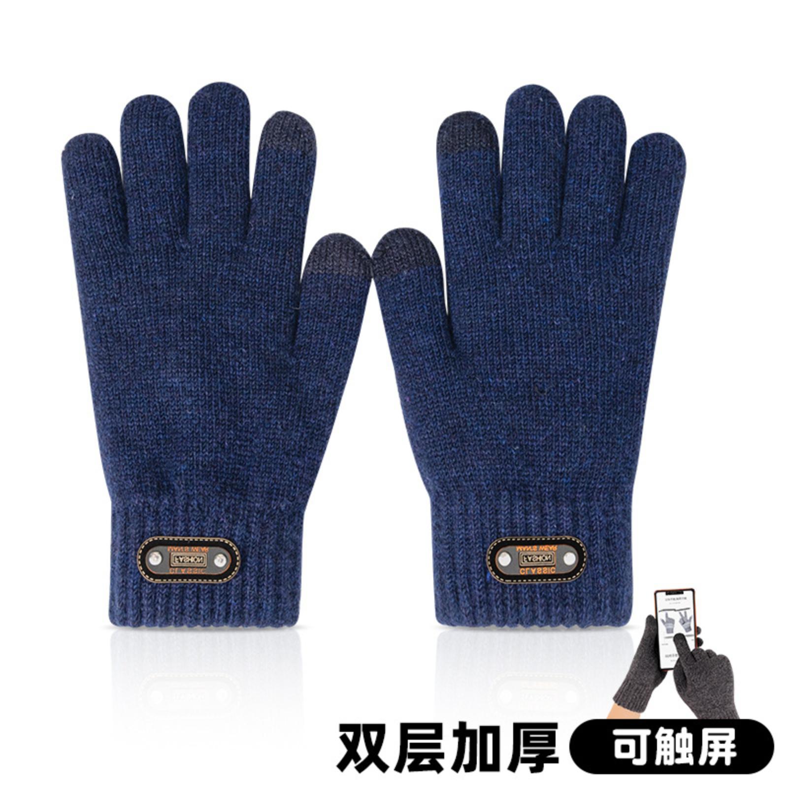 

Winter Gloves Plus Velvet Thick Cold-proof Cycling Screen Knitted Gloves Warm Unisex Wool Gloves One Size тёмно-синий
