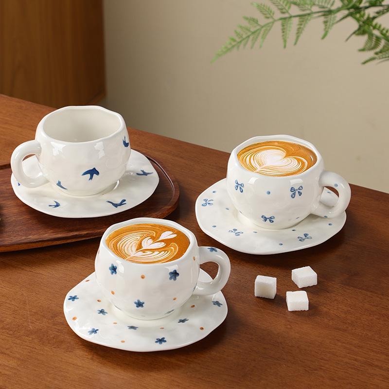 Korean Hand-Painted Ceramic Cup & Saucer Set - Creative Irregular Design for Coffee & Tea