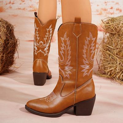 Mode 2025 Frühling und Herbst Mode Spitzfarbene Damen-Mid-Calf-Stiefel mit mittlerem Absatz Ärmel Bestickte Western-Cowboystiefel