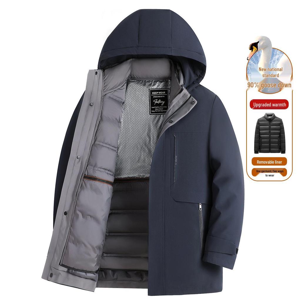 Men's Three-in-One Goose Down Mid-Length Jacket with Detachable Liner - Warm Casual Coat for Middle-Aged and Elderly Dads
