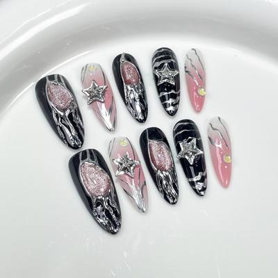 Handmade Press-On Nails With 3D Star Relief Design Medium-Long Length Glitter Chrome Blush Effect Reusable Nail Tips Women