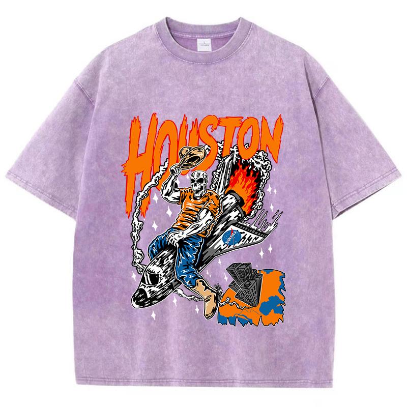 Casual Womans Acid Wash T-Shirts Houston Skeleton Manga Prints Tops Distressed Crewneck Cotton Tee Shirts Clothes