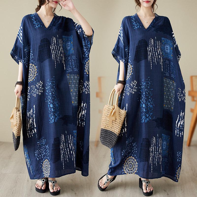 Summer V-Neck Cotton & Linen Loose Fit Literary Beach Dress