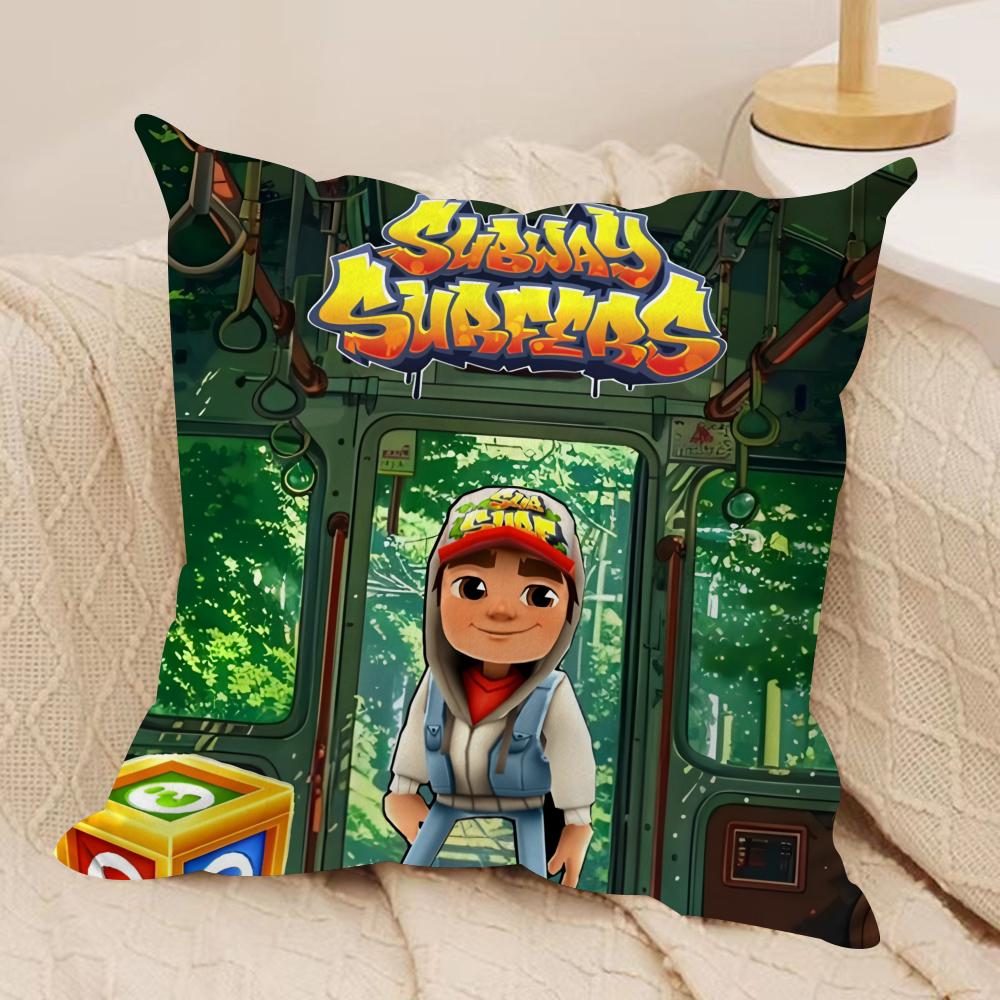 S-Subway Surfer Game Cushion Cover Silky Short Plush Invisible Zipper Dustproof Sofa Pillow Case For Home Decor