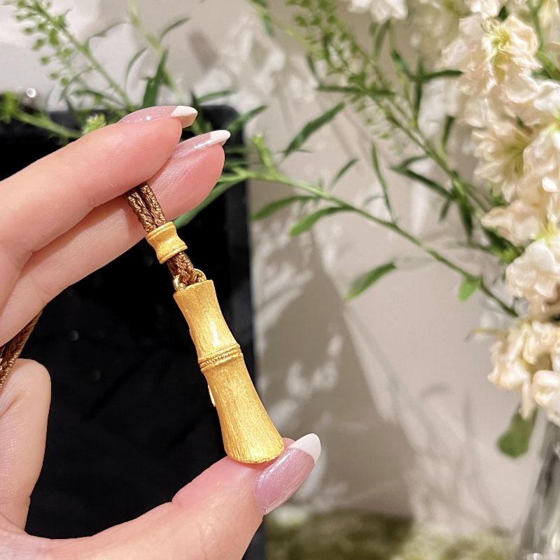 Retro Brushed Frosted Brown Rope Bamboo Joint Necklace Luxury Plant Cylindrical Pendant Classical Collarbone Chain Zircon Gift