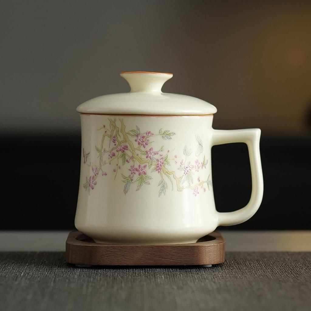 Ru Ware Pink Peach Ceramic Tea Mug with Lid