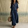Women's Casual Two Piece Set Color Lapel Collar Button Front Half Sleeve Top and Wide Leg Pants