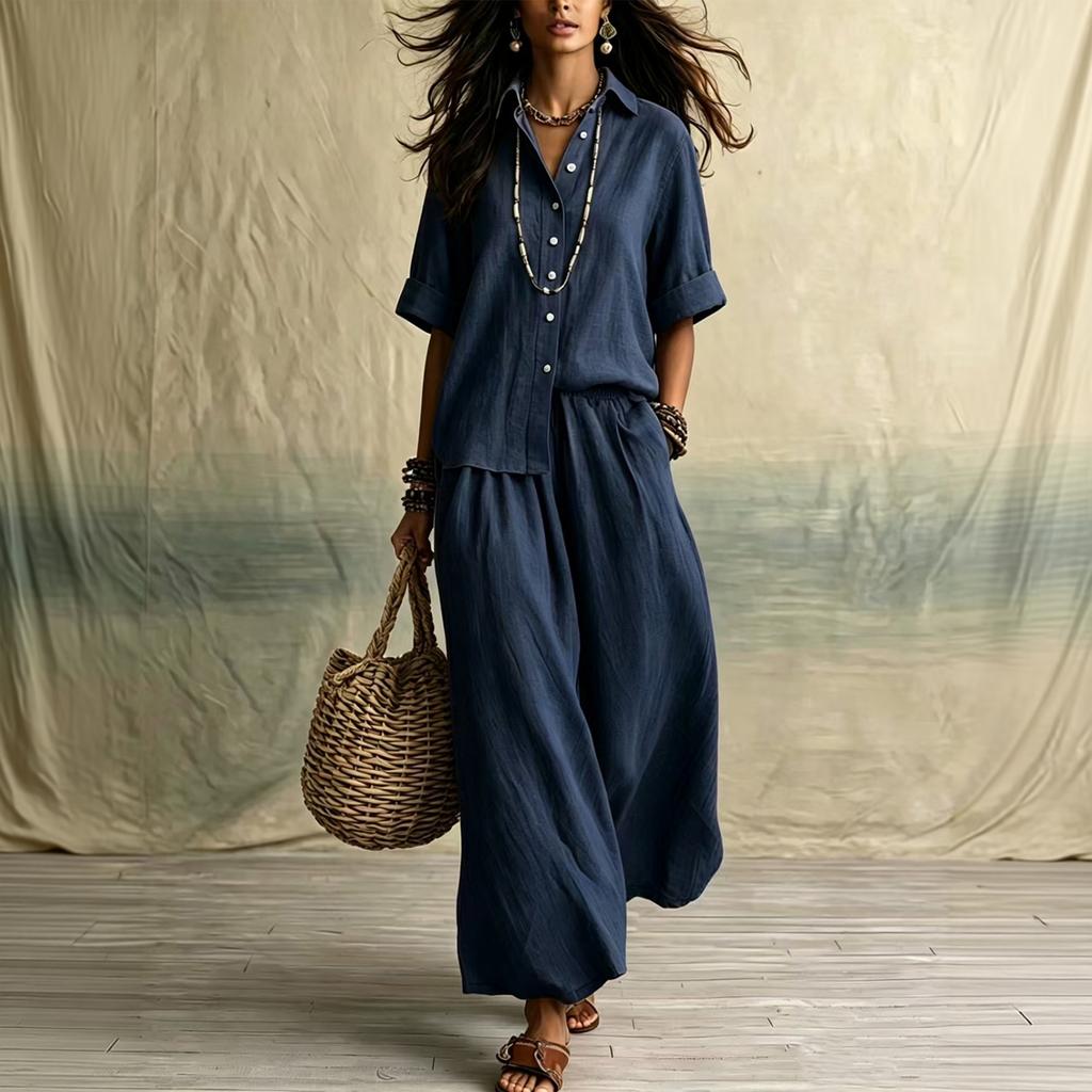 Women's Casual Two Piece Set Color Lapel Collar Button Front Half Sleeve Top and Wide Leg Pants