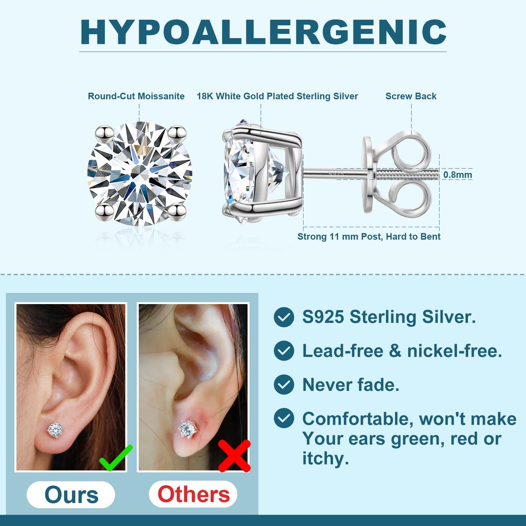 3mm-10mm 18K Gold Plated 925 Sterling Silver VVS Moissanite  Women Mossanite Stud Earrings Men