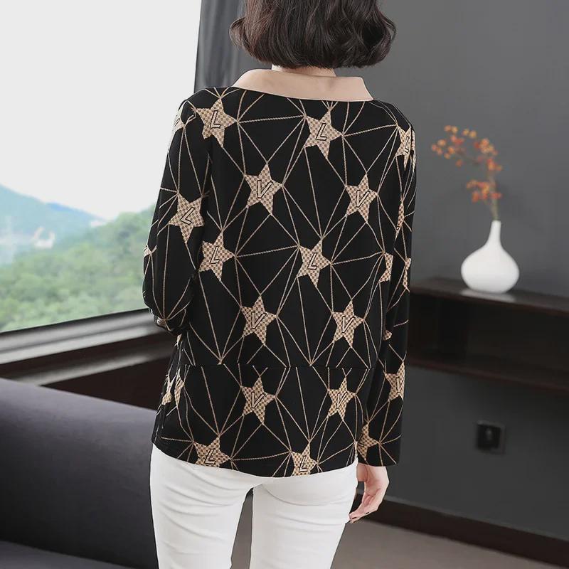 Large Loose Korean Doll Collar Long-Sleeve Mesh Print Top for Middle-Aged Women - Spring Fashion