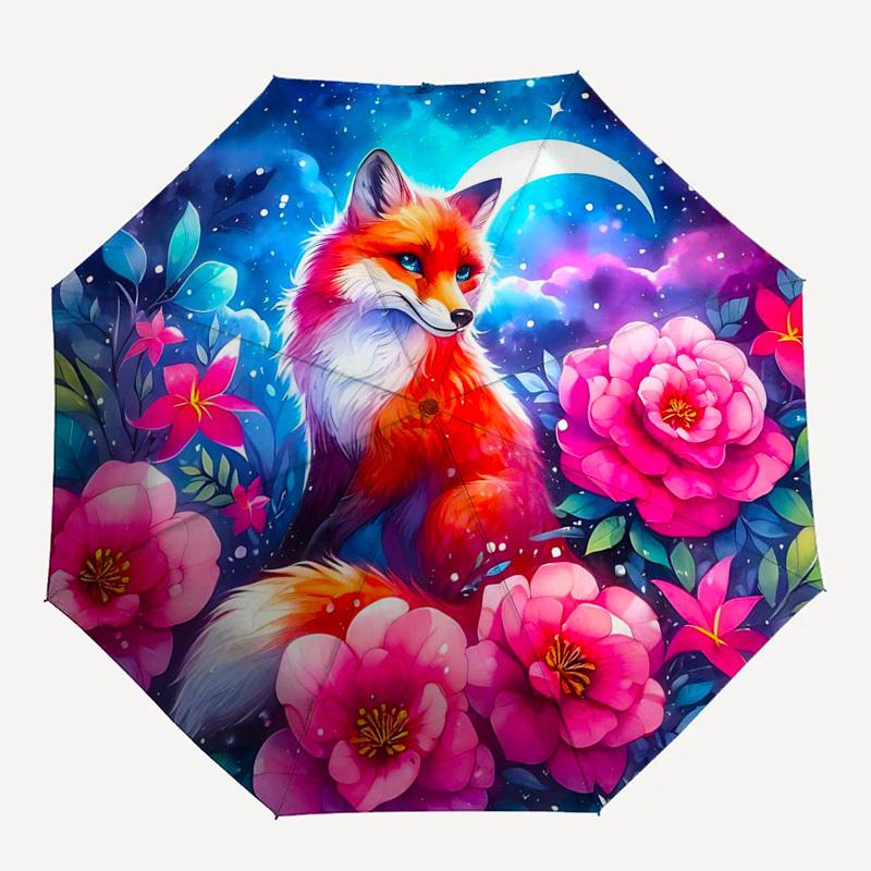 1pc Fantasy Fox & Flowers Automatic Folding Umbrella - Portable 3-Fold Design with Iron Frame, Outdoor for Fans, Travelers, Daily Use, Perfect Gift Id