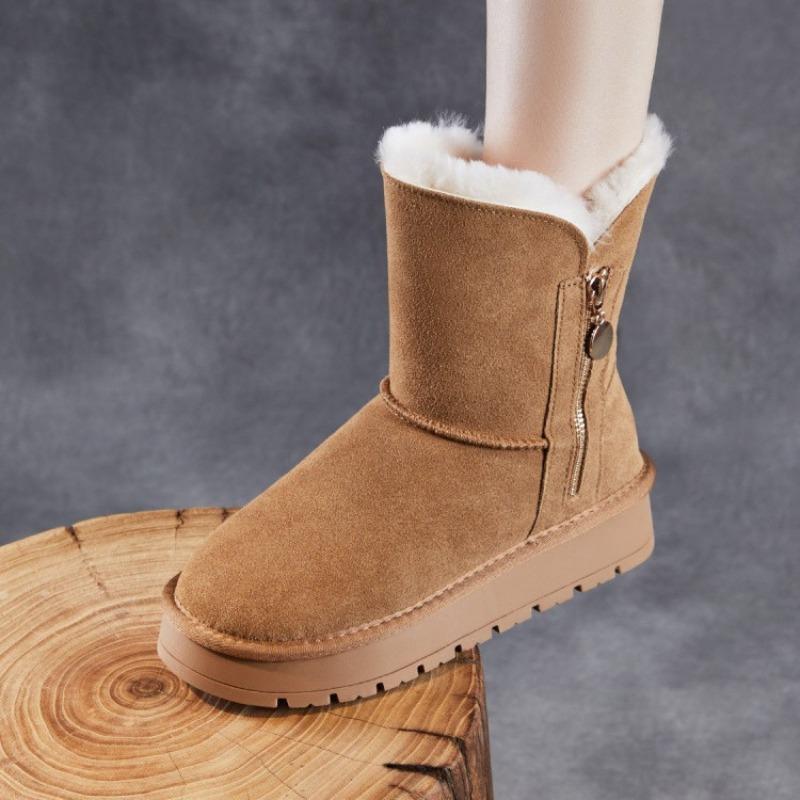 Snow Boots Women's Winter Non-slip Zipper Medium Tube Piled Thickened Cotton Shoes Frosted Real Short Boots