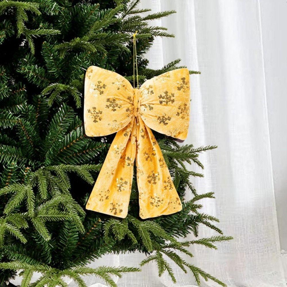 Vintage Fabric Christmas Bow Glittery Easy Hang Loop Christmas Tree Decoration DIY Durable Hanging Bow New Year