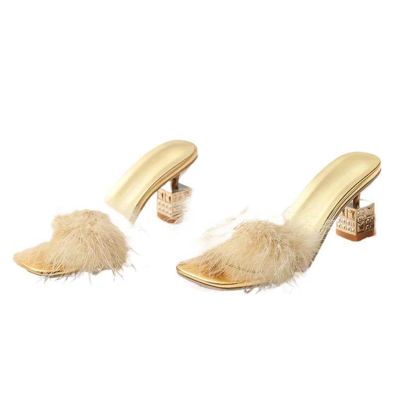 2025 Brand Women's Shoes Open Toe Women's Slippers Square Toe Dress Slippers Women Summer Plus Size Heels Women Zapatos