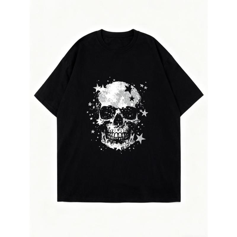 Oversized T Shirt Black Skull with Stars Print Casual Streetwear for Women(1)