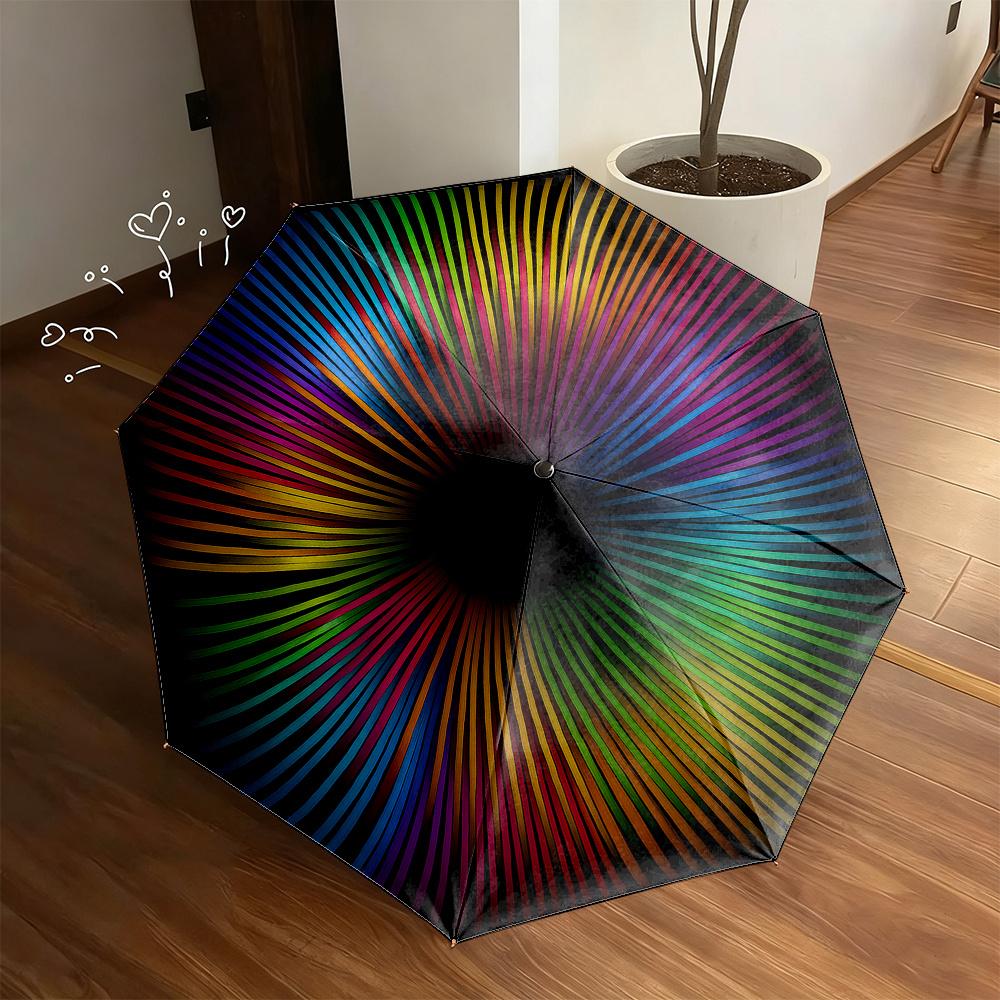 Rainbow Spiral Open/Close Folding Umbrella - 8-Rib Multi-Color Portable Umbrella with Black Tip, Windproof Design, One-Key Ope (as the picture,Iron&8K)